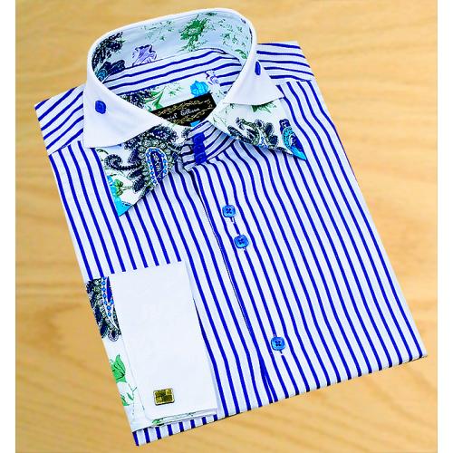 Daniel Ellissa White / Royal Blue Stripes Double Collar With Navy / White Paisley Design Shirt FS1109
